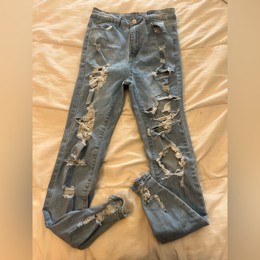 SHEIN Light Blue Distressed Skinny Jeans